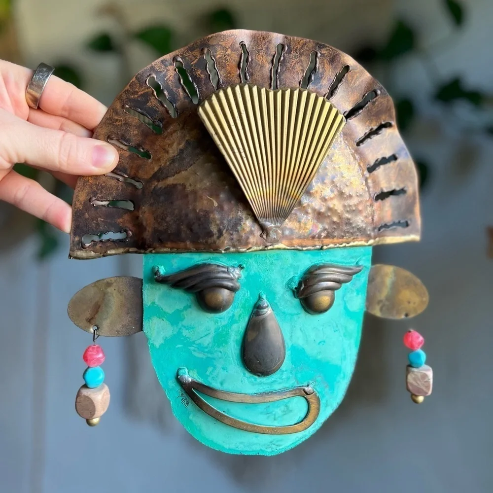🇲🇽 Vintage Mexican Copper & Brass Folk Art Mask Handcrafted Wall Hanging Boho